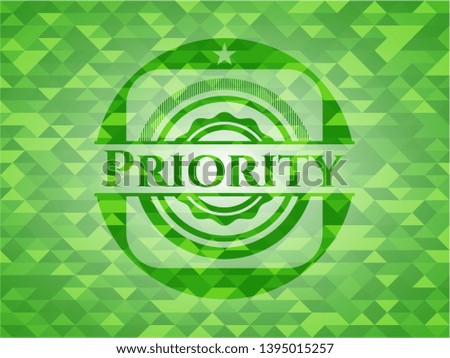 Priority green emblem with mosaic background. Vector Illustration. Detailed.