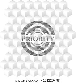 Priority grey emblem with geometric cube white background