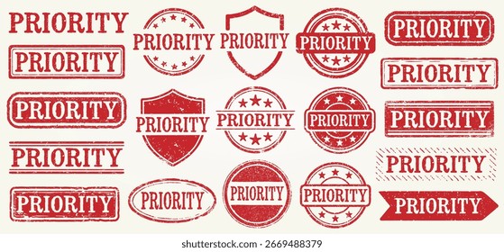 Priority Grunge Stamp Set. Collection Of 19 Distressed Red Priority Vector Rubber Stamps With A Vintage Grunge Texture. Perfect For Labels, Documents, Deadlines, Shipments, Packaging. Isolated Vector.