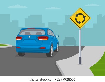 Priority inside the roundabout. Blue suv entering the roundabout. Back view. Flat vector illustration template.