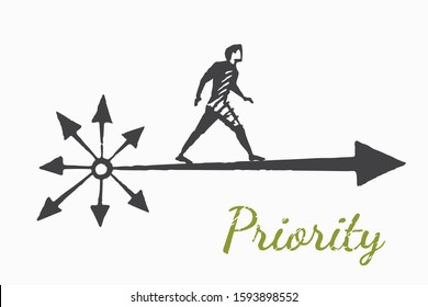 Priority - isolated vector concept art sketch. The man is moving in a priority direction. Focusing on solving a problem. Business tips.