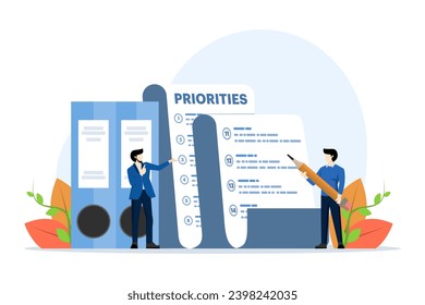 concepto de lista de prioridades, programa importante para la planificación y gestión del trabajo para aumentar la eficiencia, la gestión del trabajo, lista de verificación con objetivos prioritarios y proceso de selección de urgencia, Ilustración vectorial.