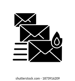 Priority mail black glyph icon. Express mail delivery, fast postal service silhouette symbol on white space. Sending important message, receiving urgent letter. Envelopes vector isolated illustration