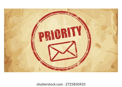 Priority mail stamp on old paper texture. Grunge postmark with letter icon. Urgent message, correspondence, delivery, dispatch