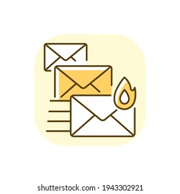 Priority mail yellow RGB color icon. Express mail delivery, fast postal service. Sending important message, receiving urgent letter. Envelopes isolated vector illustration