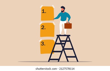 Priority manage task and top prioritize entrepreneur. Work note with number and scheduling checklist vector illustration concept. Reminder notice and choosing report. Business management multitasking