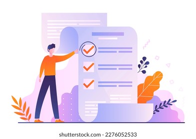 Priority manager concept. Man looks at to do list. Goal setting and motivation, leadership. Prioritization of tasks for efficiency. Work planning and management. Cartoon flat vector illustration