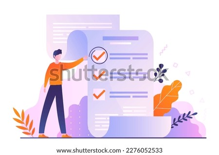 Priority manager concept. Man looks at to do list. Goal setting and motivation, leadership. Prioritization of tasks for efficiency. Work planning and management. Cartoon flat vector illustration