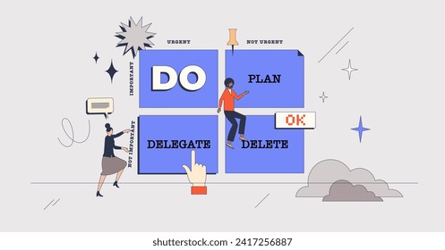 Priority matrix as tool for work or time management retro tiny person concept. Table with urgent and important tasks for productive job planning vector illustration. Choice to do, plan or delegate.