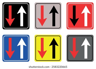 Priority over oncoming traffic, Road signs in different colors. Standard traffic signs vector illustration on highways. 