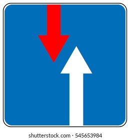 Priority over oncoming vehicles traffic sign isolated on blue.