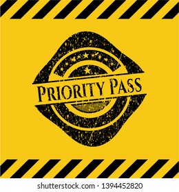 Priority Pass black grunge emblem, yellow warning sign. Vector Illustration. Detailed.