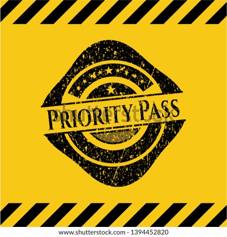 Priority Pass black grunge emblem, yellow warning sign. Vector Illustration. Detailed.