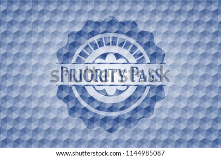 Priority Pass blue badge with geometric pattern background.
