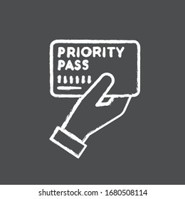 Priority Pass Chalk White Icon On Black Background. Boarding Ticket For Airplane Flight. VIP Document For Passenger Service. Club Card To Prove Membership. Isolated Vector Chalkboard Illustration