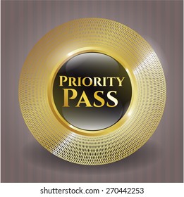 Priority pass gold shiny emblem with complex linear border