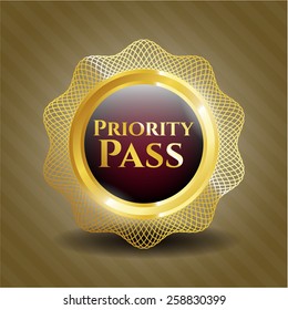 Priority Pass golden emblem with brown background. 