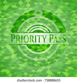 Priority Pass green emblem with mosaic background