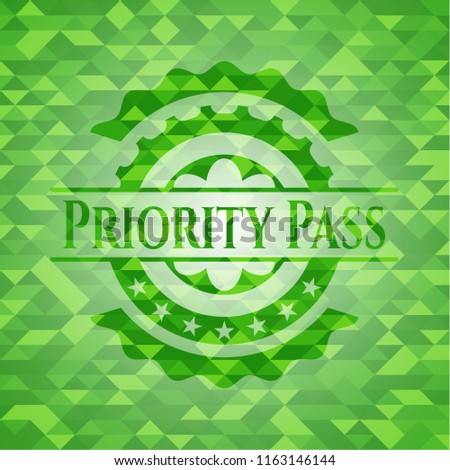 Priority Pass green emblem. Mosaic background