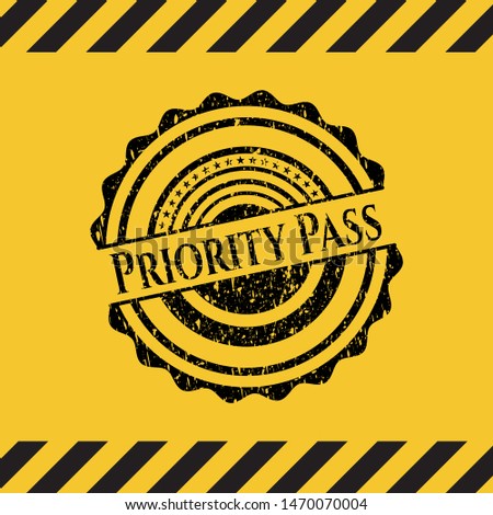 Priority Pass grunge black emblem with yellow background, warning sign. Vector Illustration. Detailed.