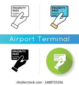 Priority Pass Icon. Boarding Ticket For Airplane Flight. VIP Document For Passenger Service. Club Card To Prove Membership. Linear Black And RGB Color Styles. Isolated Vector Illustrations