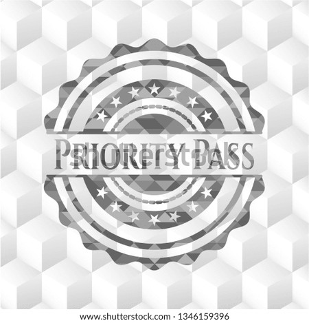 Priority Pass retro style grey emblem with geometric cube white background