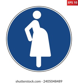 Priority for pregnant women sign. Vector illustration of circular blue sign with standing pregnant female figure. Female friendly place symbol.