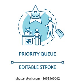 Priority Queue Concept Icon. Luxury Class Flight Benefit Idea Thin Line Illustration. Passport Control, Access For VIP Passengers. Vector Isolated Outline RGB Color Drawing. Editable Stroke