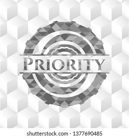 Priority realistic grey emblem with cube white background