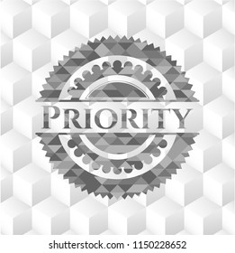 Priority realistic grey emblem with geometric cube white background