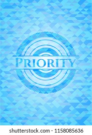 Priority realistic light blue emblem. Mosaic background