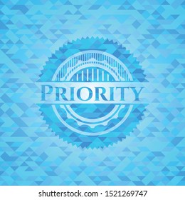 Priority realistic sky blue emblem. Mosaic background