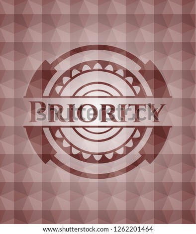 Priority red seamless emblem with geometric pattern.