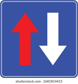 Sinal de estrada prioritário com setas vermelhas e azuis mostrando o veículo à direita do caminho.