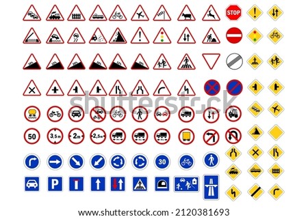 Priority road signs. Prohibition road signs. Mandatory road signs. Traffic Laws. Vector illustration. stock image. 