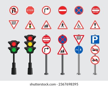 Señales de tránsito prioritarias, Señales de tránsito, Prohibición de las señales de tránsito y Señales de tránsito obligatorias. Leyes de tráfico. Ilustración vectorial. 