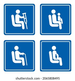 Priority seating for customers with disabilities, pregnant women and passengers with children, seniors. Set of vector signs for bus passengers, waiting rooms, public places. Sitting people icons.