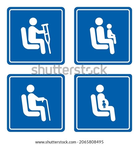 Priority seating for customers with disabilities, pregnant women and passengers with children, seniors. Set of vector signs for bus passengers, waiting rooms, public places. Sitting people icons.