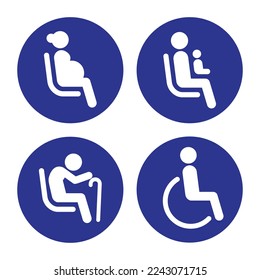 Priority seating sign for pregnant women, passengers with children, senior citizen and customers with disabilities, Set of vector signs for bus passengers, waiting rooms, airports and public places.