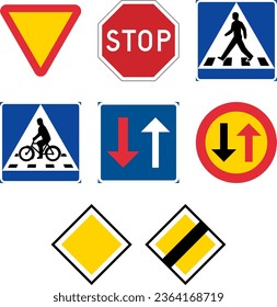 Priority signs, Road signs in Sweden, Give way (Yield), Pedestrian crossing, Priority road, End of priority road, Oncoming vehicles, over oncoming vehicles, Bike crossing