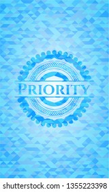 Priority sky blue emblem. Mosaic background