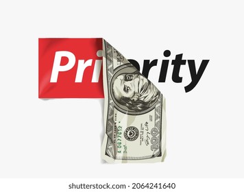 priority sticker banknote peeling off vector illustration