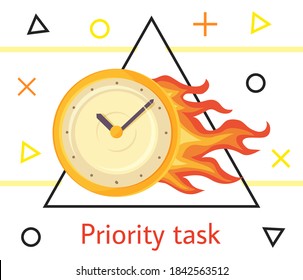 Priority task concept illustration with wall round yellow clock is ablaze with bright fire on white background with geometric elements. Time management, deadline business vector image with watch