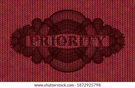 Priority text inside Guilloche Red color realistic emblem. Woolen chic cloth fabric background. Illustration. 