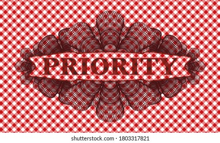 Priority text inside Linear red checkered tablecloth emblem. Restaurant graceful background. Vector illustration. 