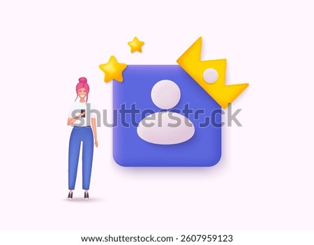 Priority and VIP member accounts icon. Account symbol with golden crown and stars. 3D Web Vector Illustrations.