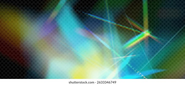Rayo prismático con destello de arco iris y explosión de glitch. Resplandor de cristal, holograma brillante y destello de la raya en fondo transparente. Gema mágica azul con aura de película y detalle de fantasía de estrellas.
