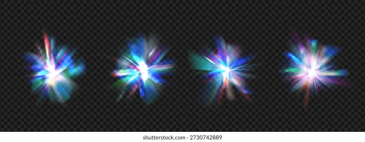 Prism caustic blue and purple refraction. Light crystal sparkles. Flare effect iridescent glass shine. Abstract glare magic glow. Spark flares. Spectrum burst beams. Vector flash diamonds no bg.