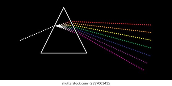 Prism icon. Refraction of light. light passing through a triangle. Cartoon physics symbol. Spectrum refraction. Glass pyramid. Refraction inside transparent geometrical form. Rainbow line, prisms ray