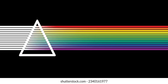 Prismensymbol. Lichtbrechung. Licht, das durch ein Dreieck geht. Symbol für die Cartoon-Physik. Frequenzrefraktion. Glaspyramide. Refraktion in transparenter geometrischer Form. Regenbogenlinie, Prismenrochen